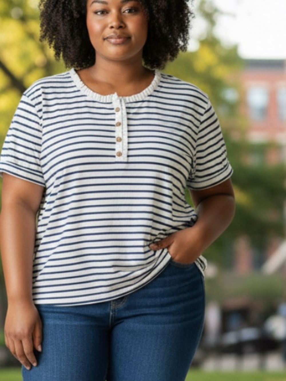 Draper James Navy and White Striped Ruffle Henley Tee